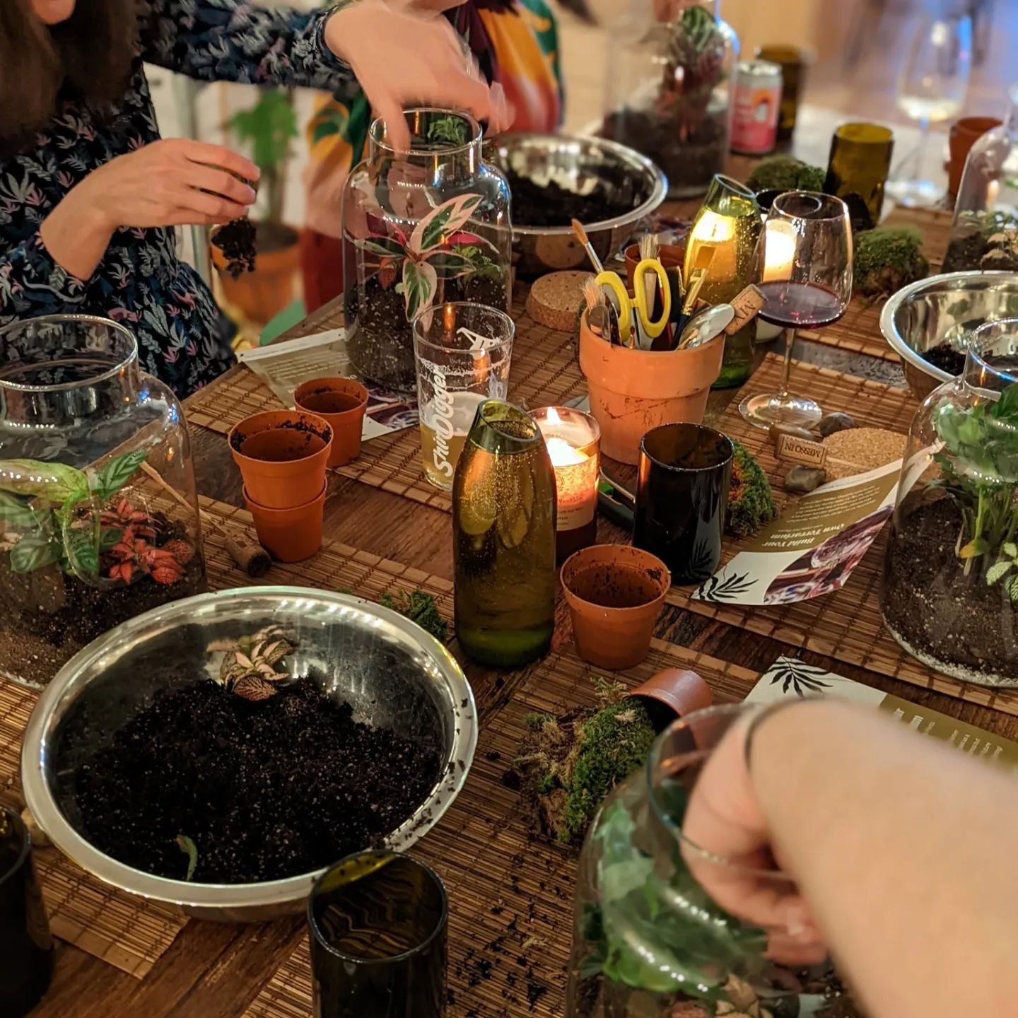 Terrarium workshop at Oats and honey Monton. Attendees creating terrariums with succulents and plants, with a candlelit background