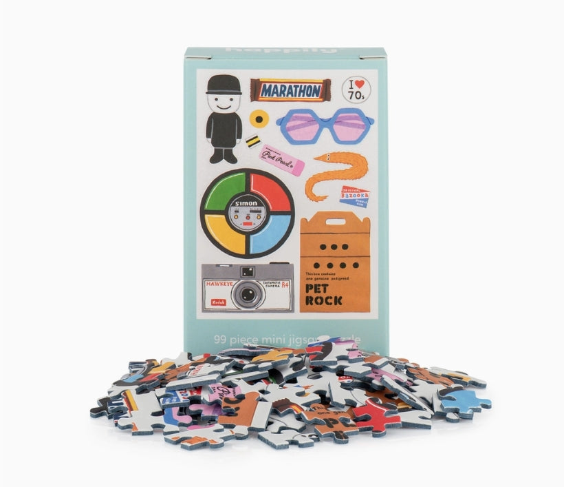 Puzzle pieces and packaging with retro-themed illustrations on a white background