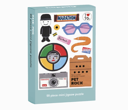 Box of a 99-piece mini jigsaw puzzle with retro-themed pieces on a light blue background.