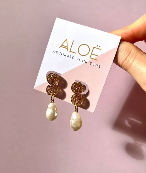 ALOE Double Disc Pearl Drop Stud Earrings