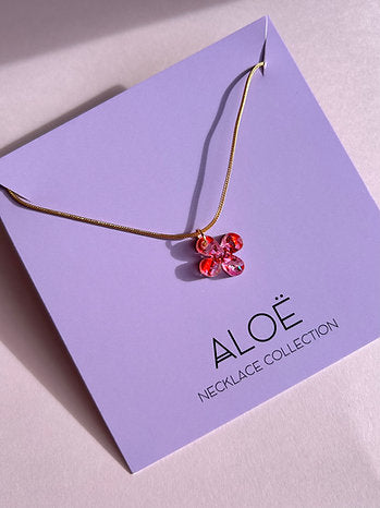 ALOE 24k Gold Plated Glitter Clover Necklace - pink & red charm