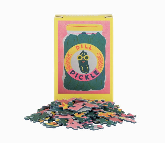 Puzzle with 'Dill Pickle' design on a box