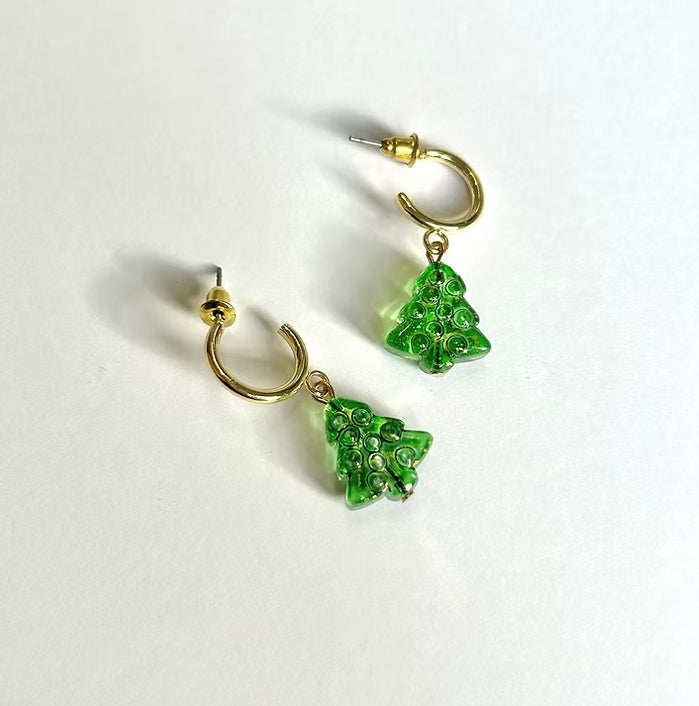 Gold Christmas Tree Huggie Hoop Earrings