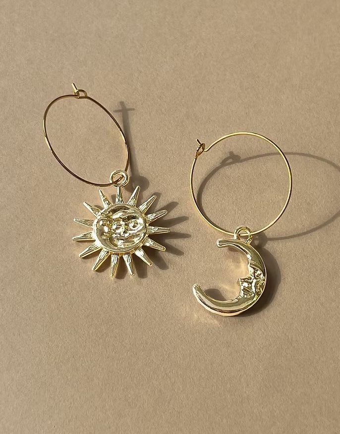 24k Gold Plated Sun & Moon Hoop Earrings