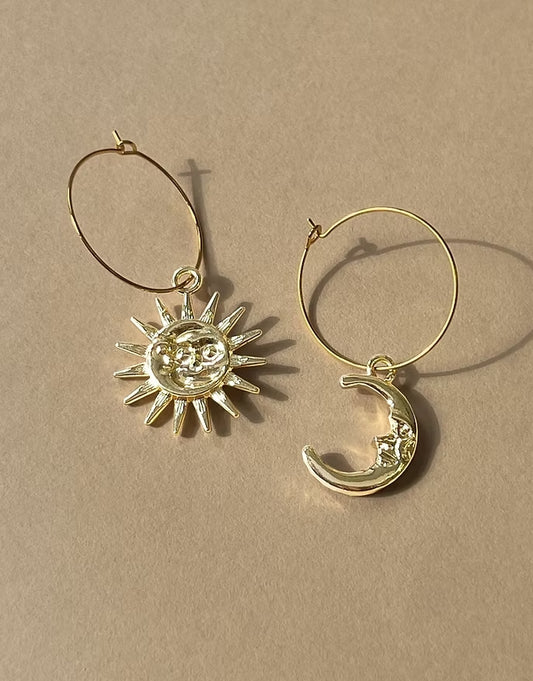 24k Gold Plated Sun & Moon Hoop Earrings