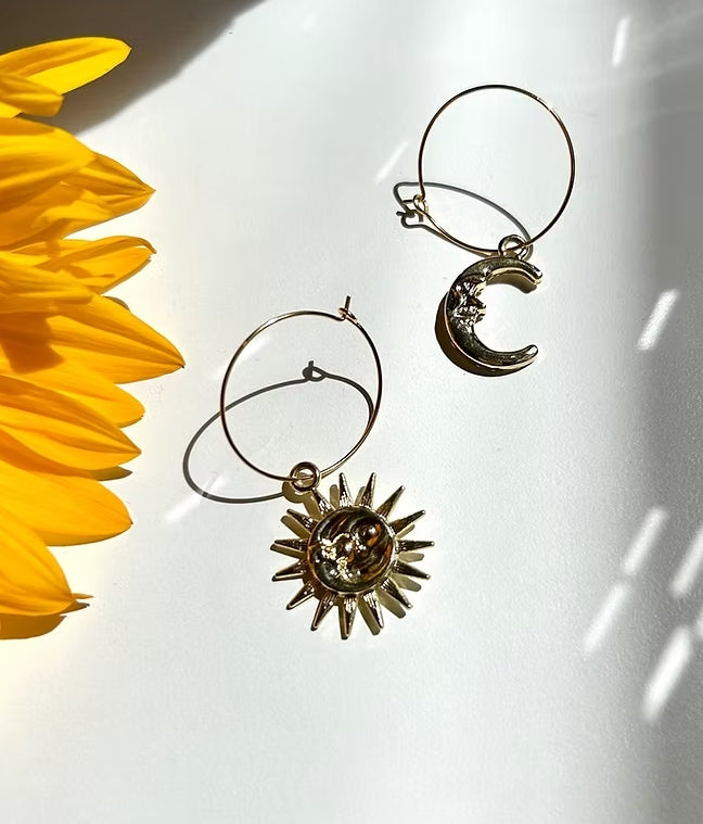 24k Gold Plated Sun & Moon Hoop Earrings